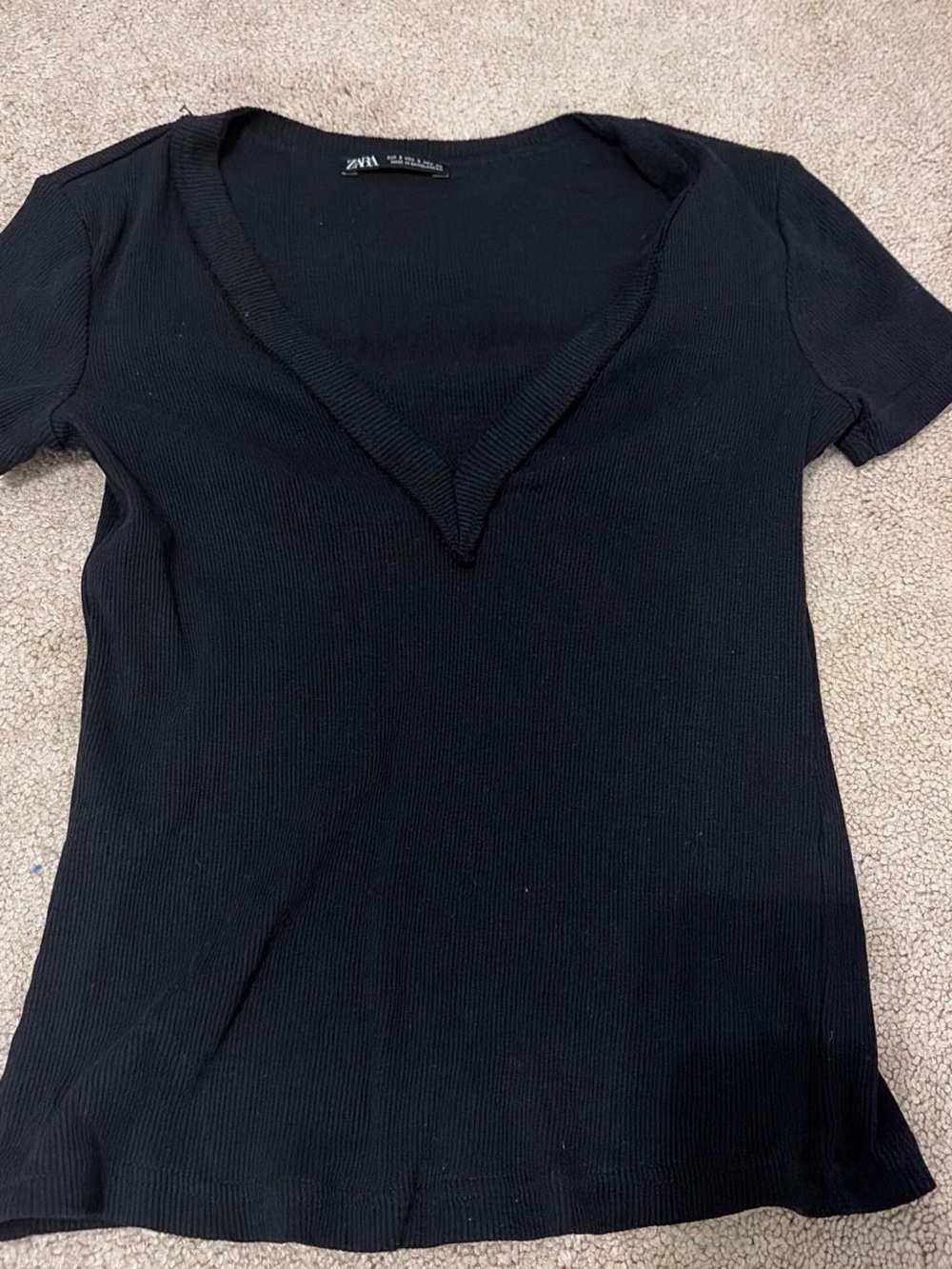 Zara Black Ribbed V-Neck Short Sleeve Tee